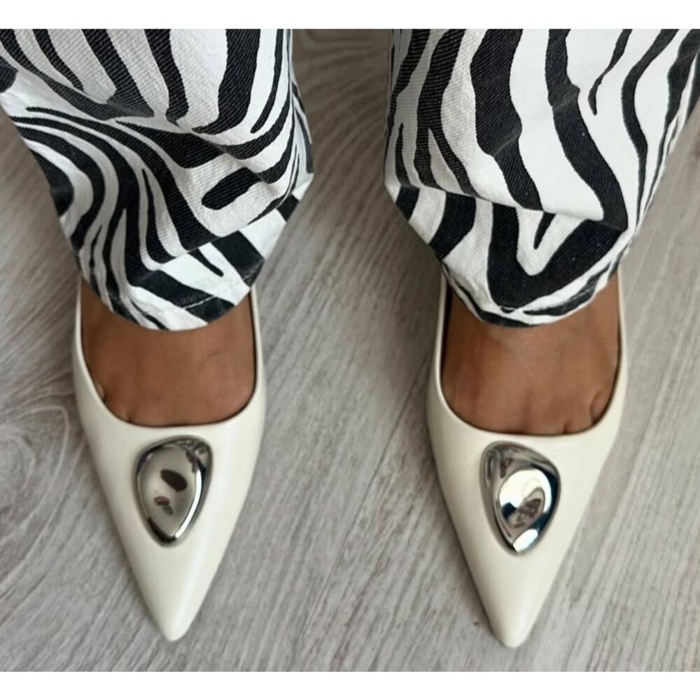 ZARA White Leather Cap Toe Heels NWT Silver Metal Pointed Pumps Size 8 - Picture 12 of 16
